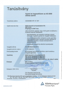 Gyártó és hegesztőüzem az AD-2000 előírás szerint